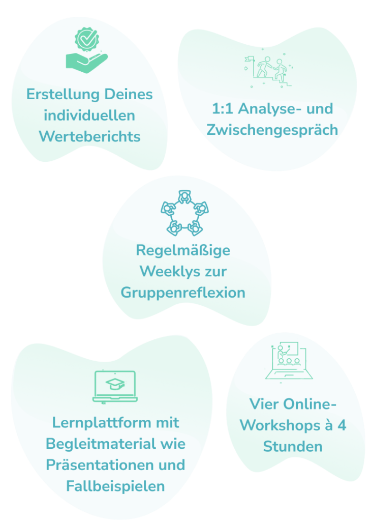 Grafik mit Modulen des Führungskräfte-Coachings: Wertebericht, Analysegespräch, Gruppenreflexion, Lernplattform und Online-Workshops